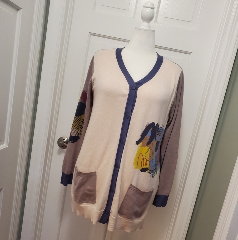 LOGO by Lori Goldstein Color Block W/Graphic Print Knit Cardigan Large, Soft